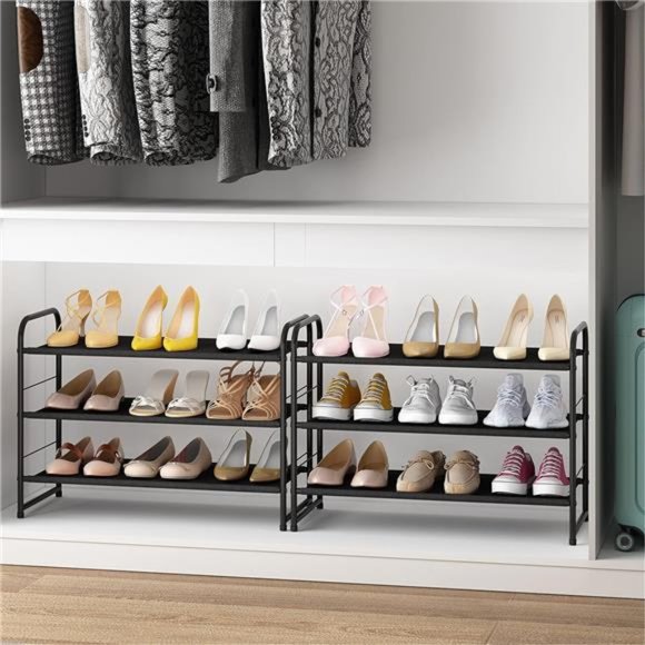 3-Tier Stackable Shoe Rack, Expandable & Adjustable Fabric Shoe Shelf Storage - Picture 4 of 7